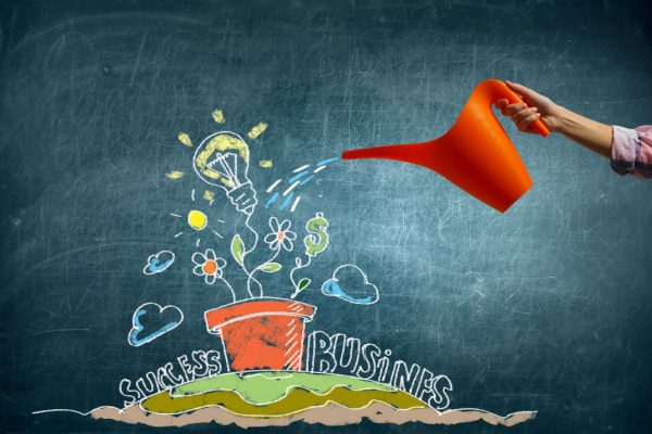 person holding watering can in front of chalk board with Success and Business written around a patch of grass with a pot on it and growing flowers money and lightbulb