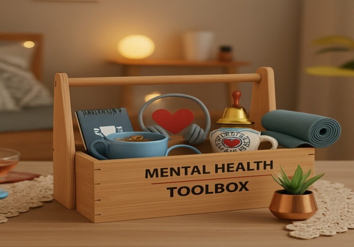 Wooden toolbox labeled “Mental Health Toolbox” filled with symbolic self-care items like a journal, headphones with a heart, tea mug, and a rolled yoga mat, with a small potted succulent plant close by.