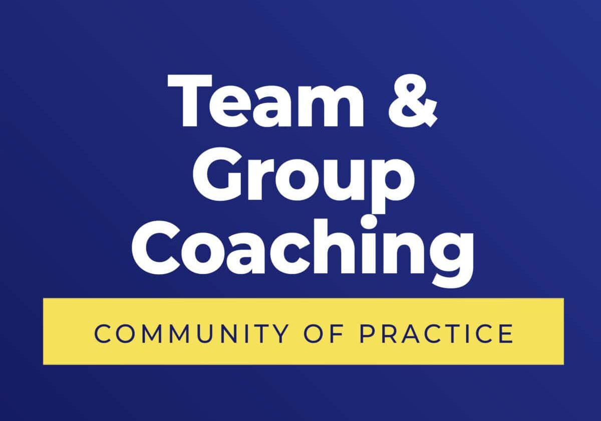 ICF Communities of Practice Team and Group Coaching blue background logo"