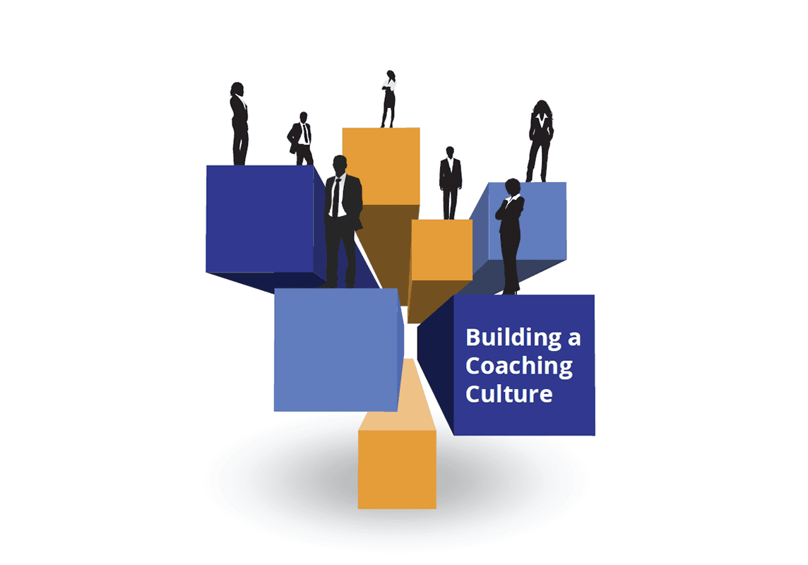 Illustration of silhouetted businesspeople standing on blue and yellow blocks with the text "Building a Coaching Culture."